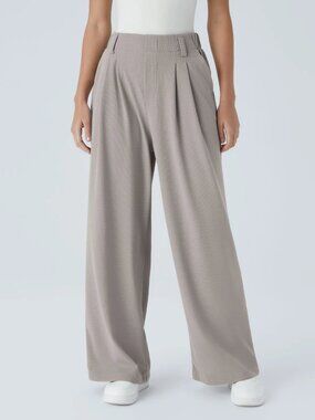 Halara Wide Leg Pleated Trousers Women Large GREY High Waist Waffle Knit Casual
